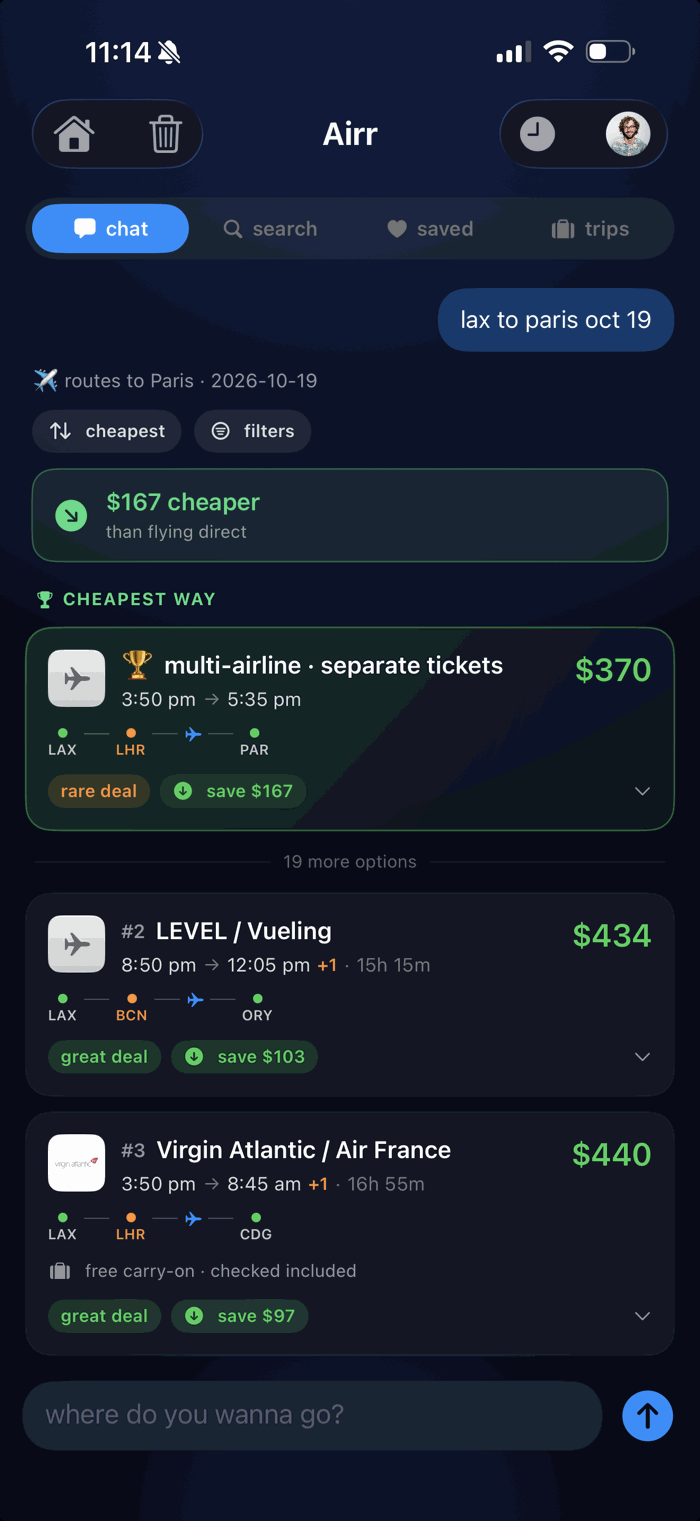Airr app finding the cheapest routes to Paris — $167 cheaper than flying direct
